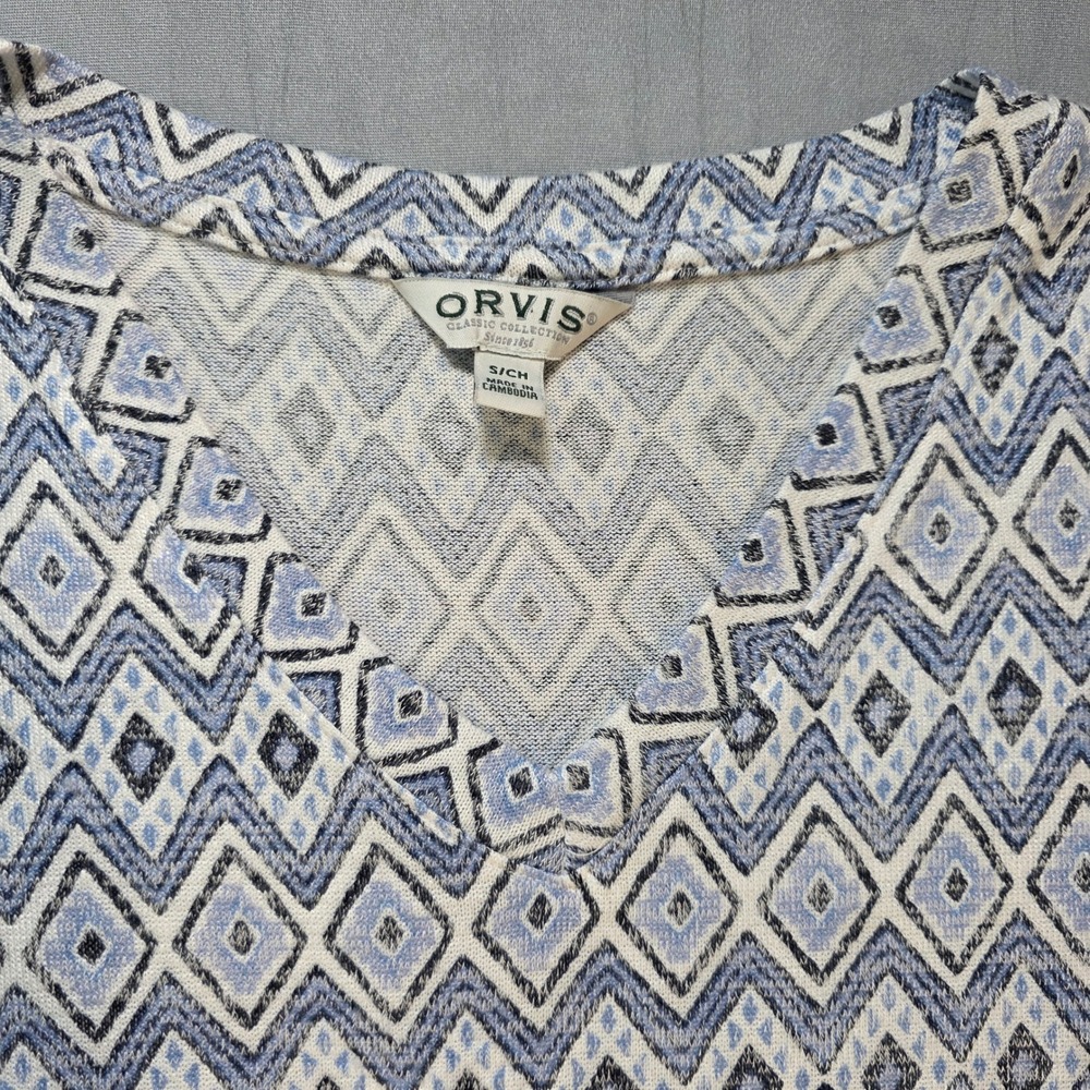 Orvis Womens Blue White Geometric Diamond V-Neck Cap Sleeve Top Small